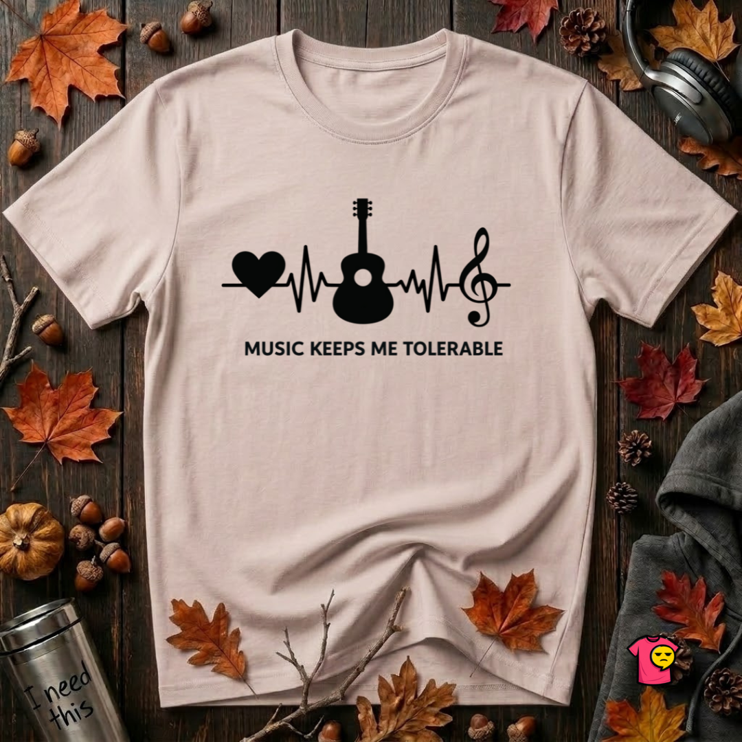 Music Makes Me Tolerable sarcastic graphic t-shirt in Soft Pink by Snarky Sarks