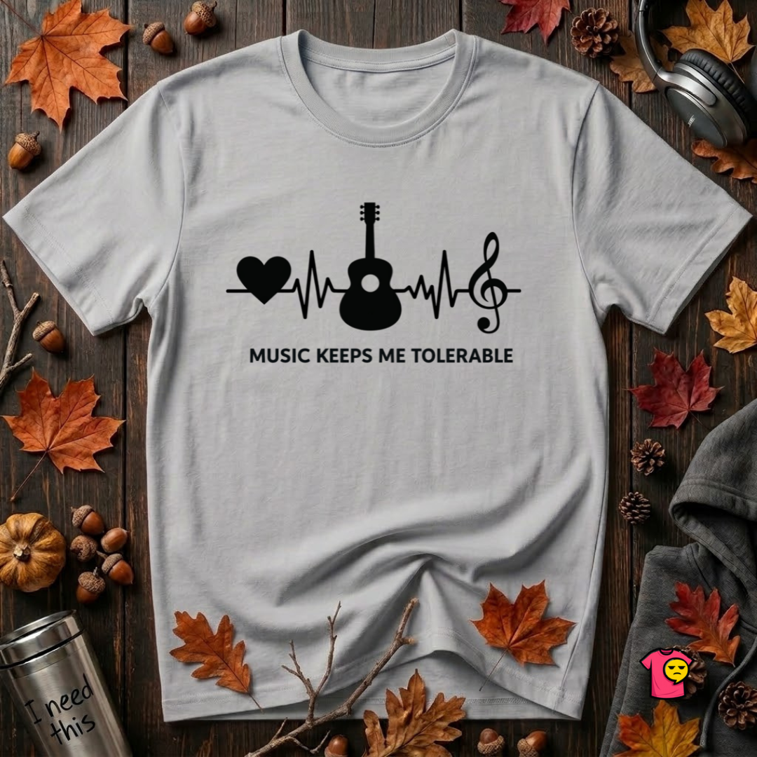 Music Makes Me Tolerable sarcastic graphic t-shirt in Solid Athletic Gray by Snarky Sarks