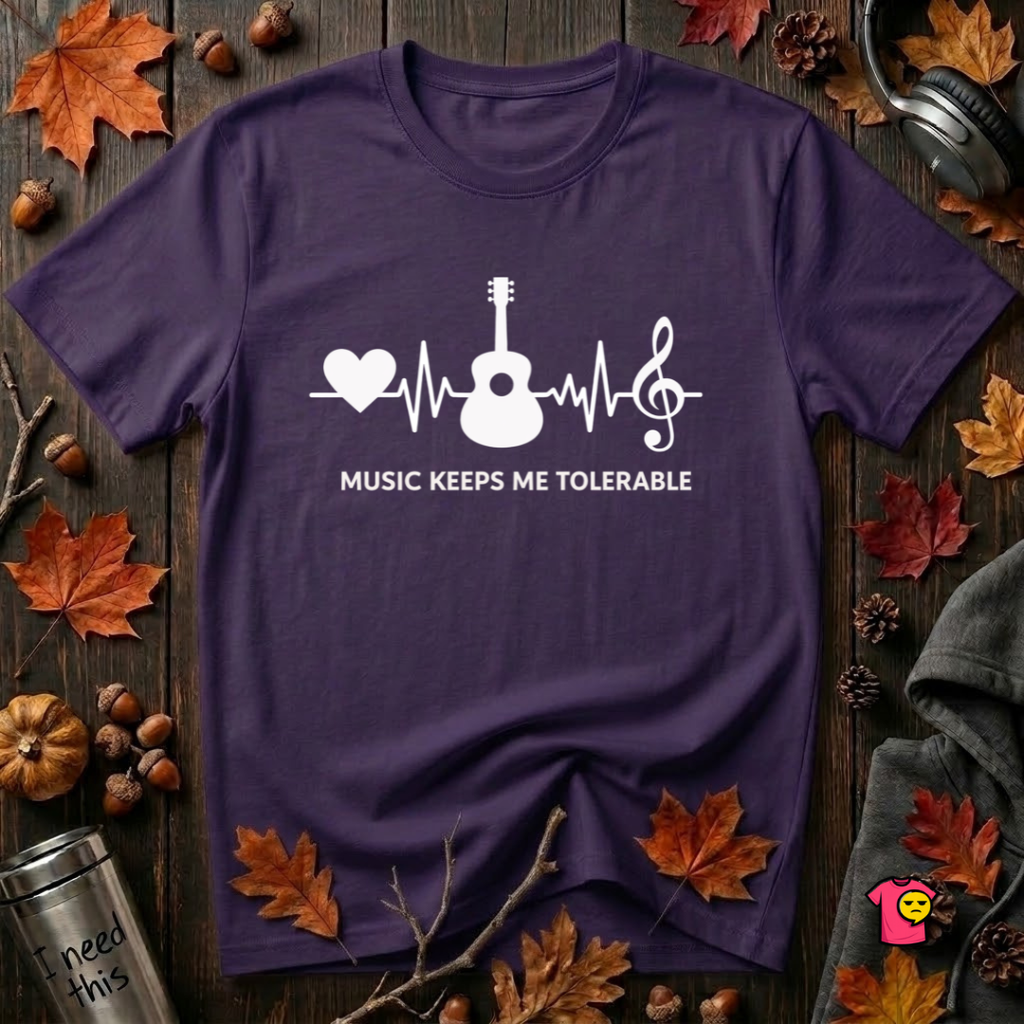 Music Makes Me Tolerable sarcastic graphic t-shirt in Team Purple by Snarky Sarks