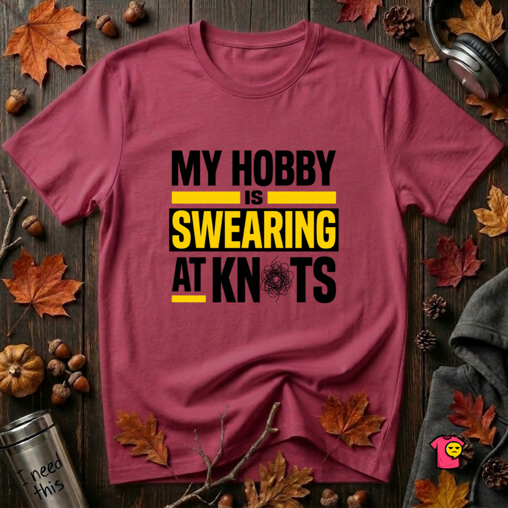 My Hobby is Swearing at Knots sarcastic graphic t-shirt in Cardinal by Snarky Sarks
