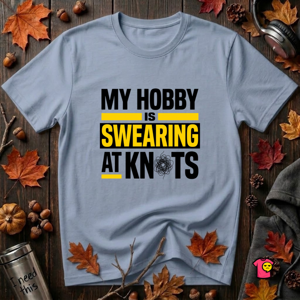 My Hobby is Swearing at Knots sarcastic graphic t-shirt in Heather Prism Blue by Snarky Sarks