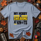 My Hobby is Swearing at Knots sarcastic graphic t-shirt in Heather Prism Blue by Snarky Sarks