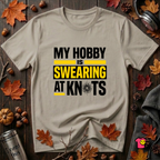 My Hobby is Swearing at Knots sarcastic graphic t-shirt in Heather Stone by Snarky Sarks