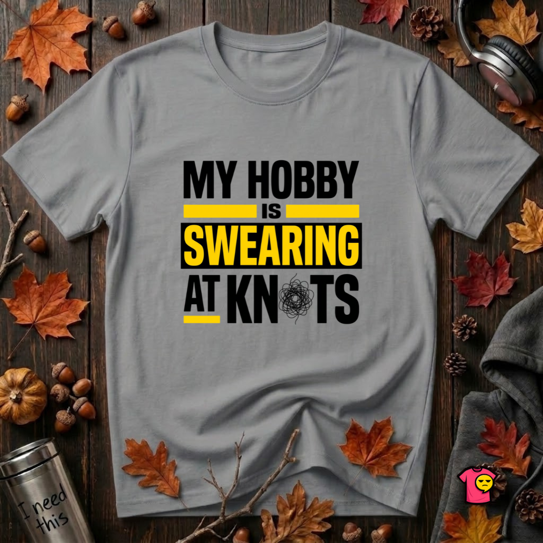 My Hobby is Swearing at Knots sarcastic graphic t-shirt in Heather Storm by Snarky Sarks