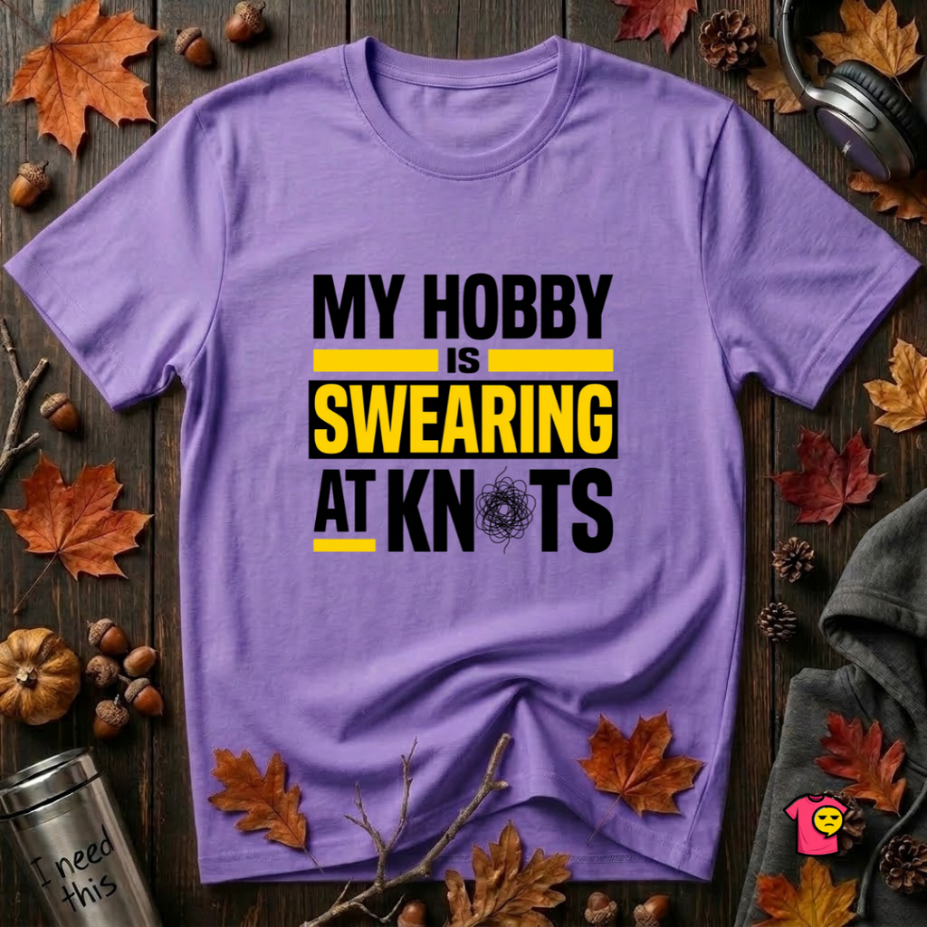 My Hobby is Swearing at Knots sarcastic graphic t-shirt in Heather Team Purple by Snarky Sarks