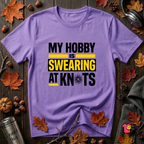 My Hobby is Swearing at Knots sarcastic graphic t-shirt in Heather Team Purple by Snarky Sarks