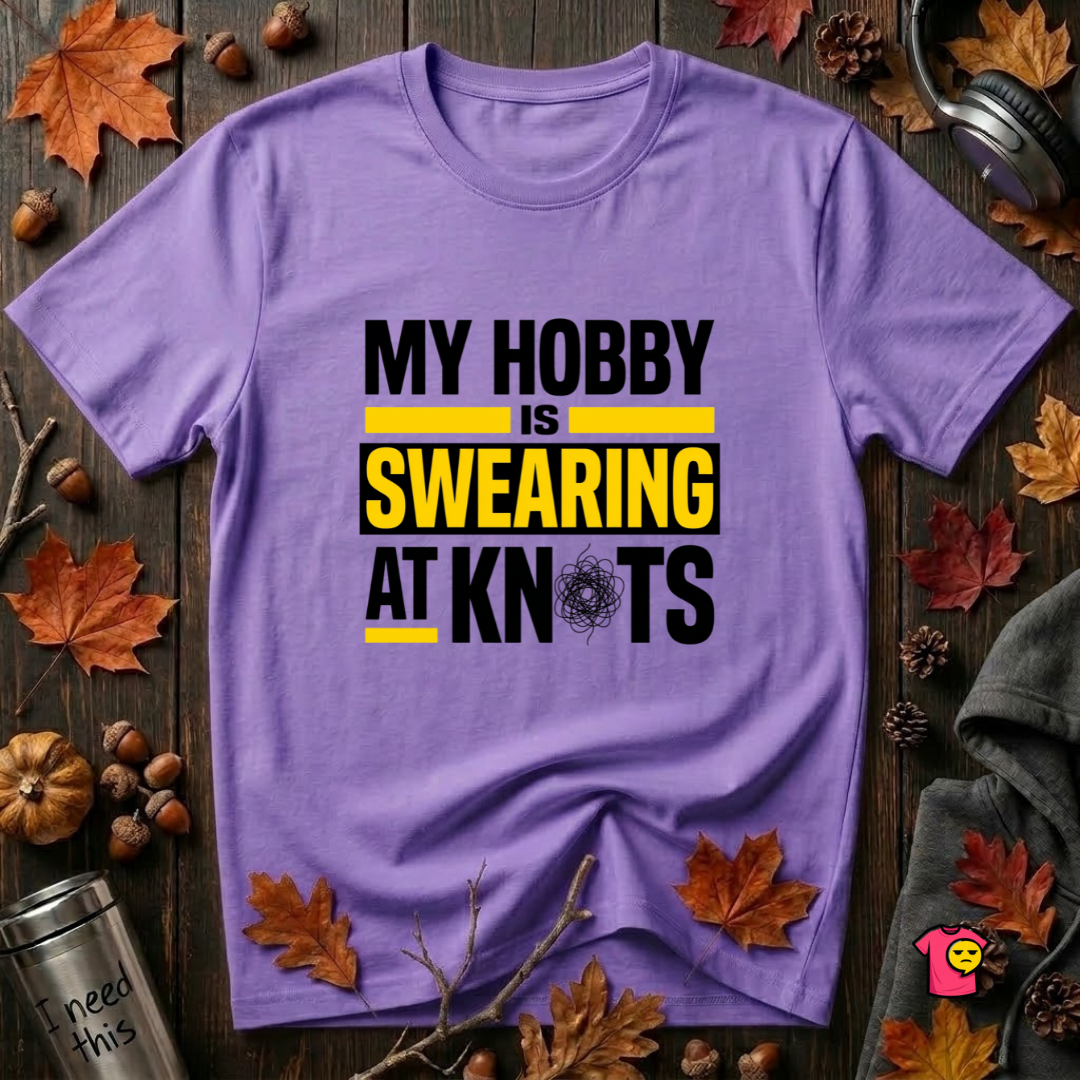 My Hobby is Swearing at Knots sarcastic graphic t-shirt in Heather Team Purple by Snarky Sarks