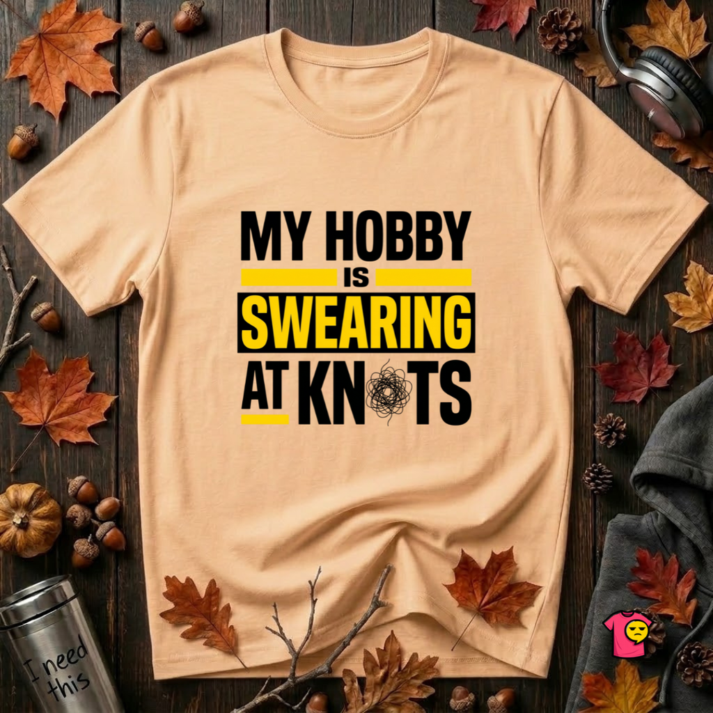 My Hobby is Swearing at Knots sarcastic graphic t-shirt in Peach by Snarky Sarks
