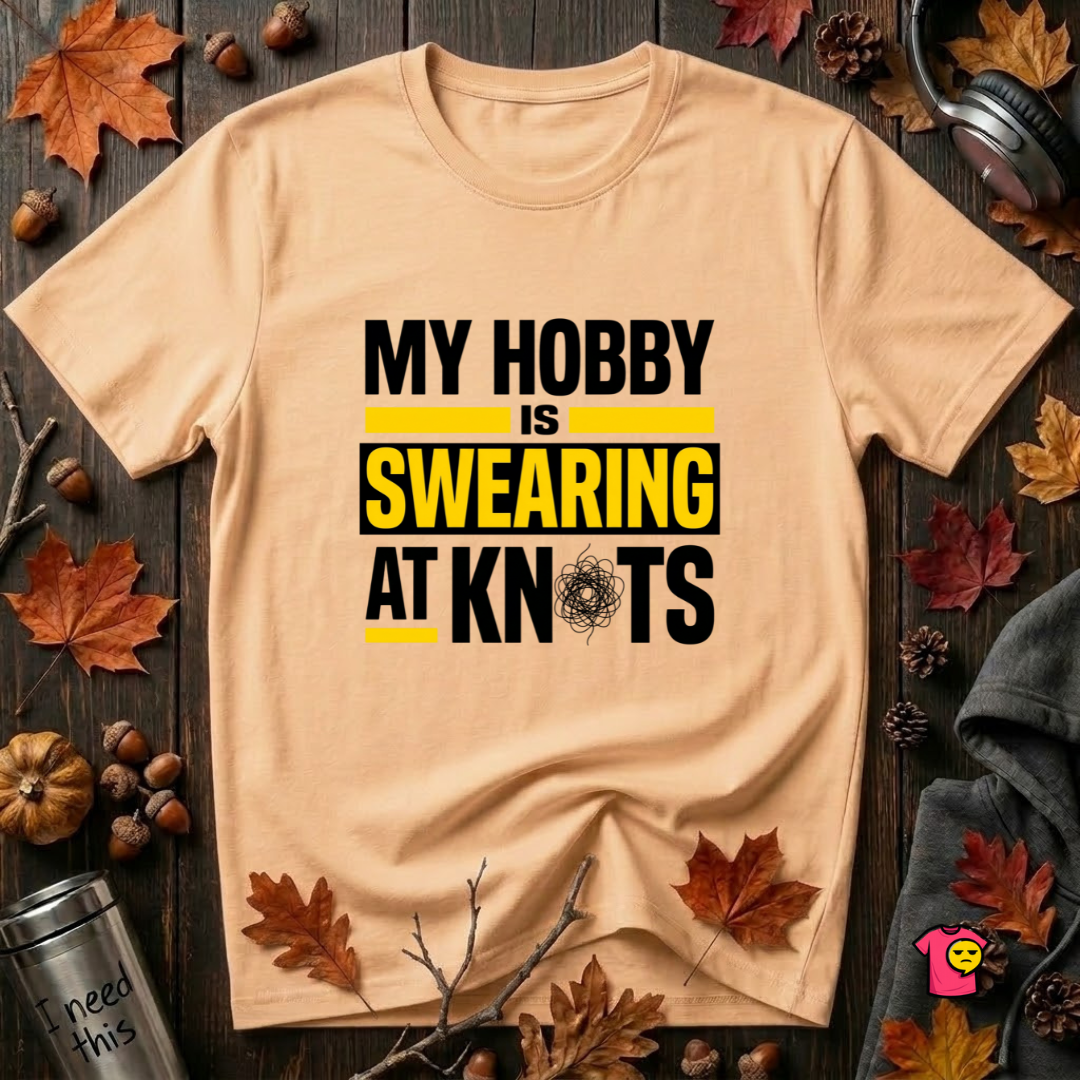 My Hobby is Swearing at Knots sarcastic graphic t-shirt in Peach by Snarky Sarks