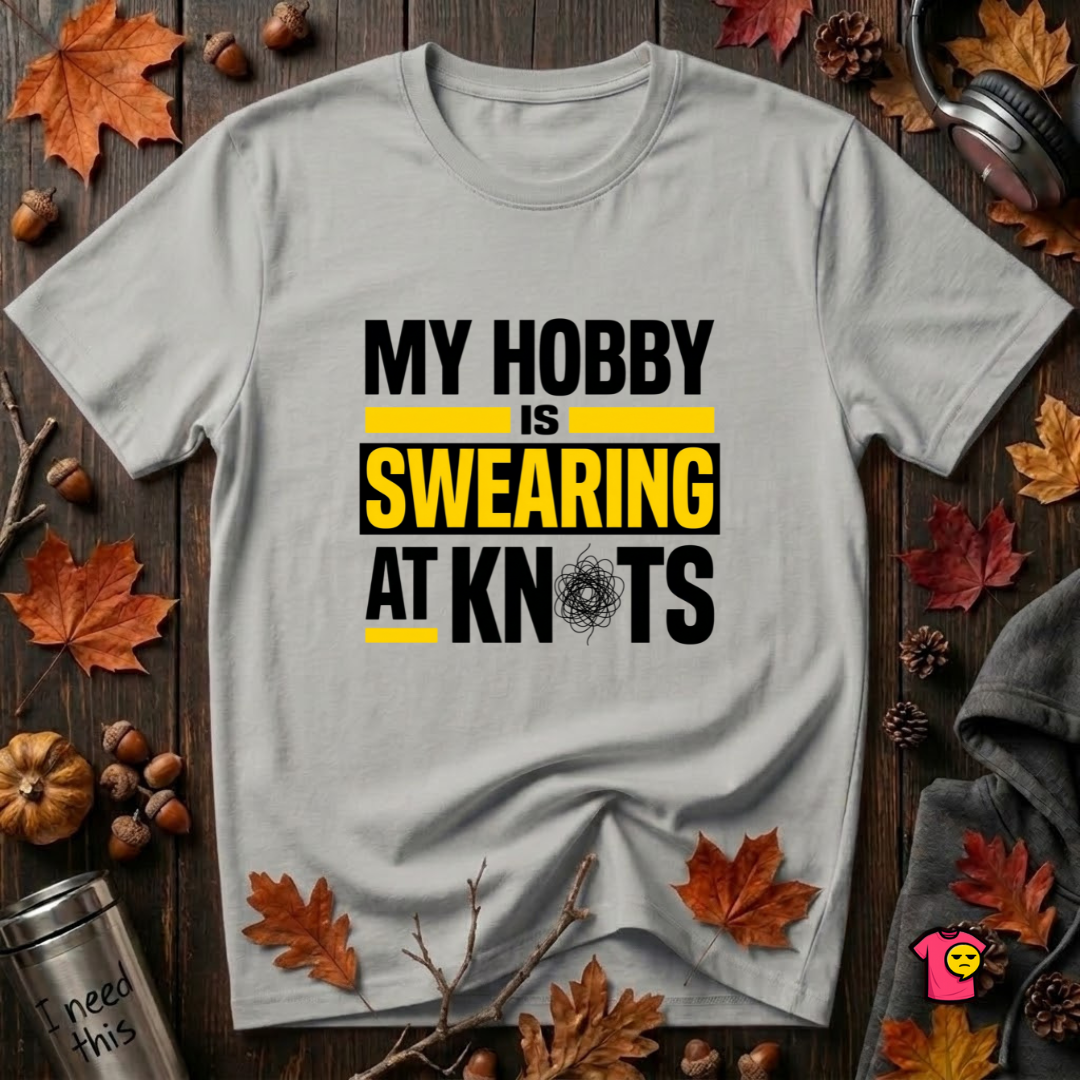 My Hobby is Swearing at Knots sarcastic graphic t-shirt in Silver by Snarky Sarks