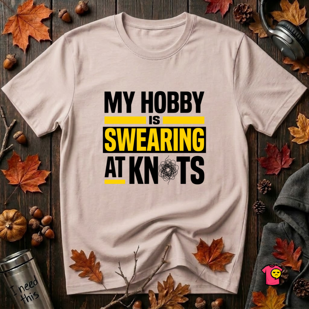 My Hobby is Swearing at Knots sarcastic graphic t-shirt in Soft Pink by Snarky Sarks