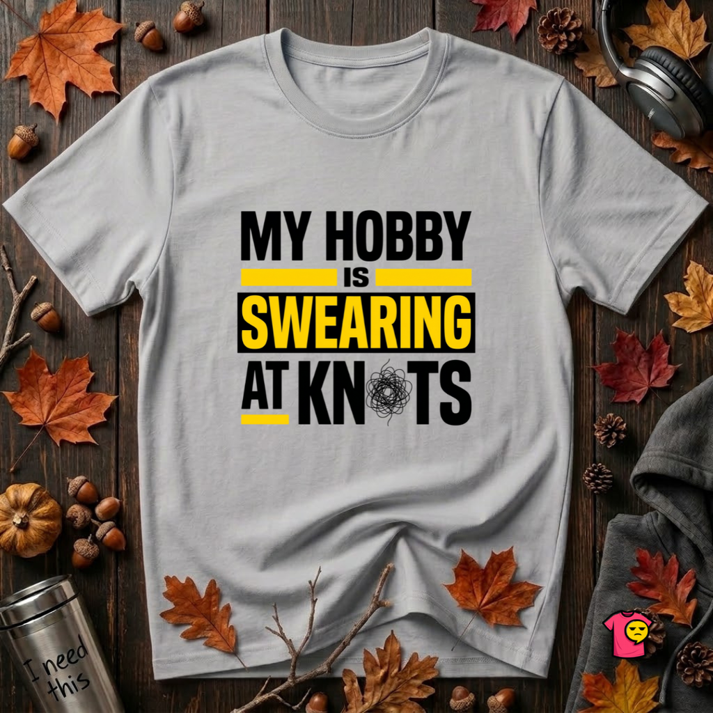 My Hobby is Swearing at Knots sarcastic graphic t-shirt in Solid Athletic Gray by Snarky Sarks