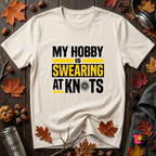 My Hobby is Swearing at Knots sarcastic graphic t-shirt in White by Snarky Sarks