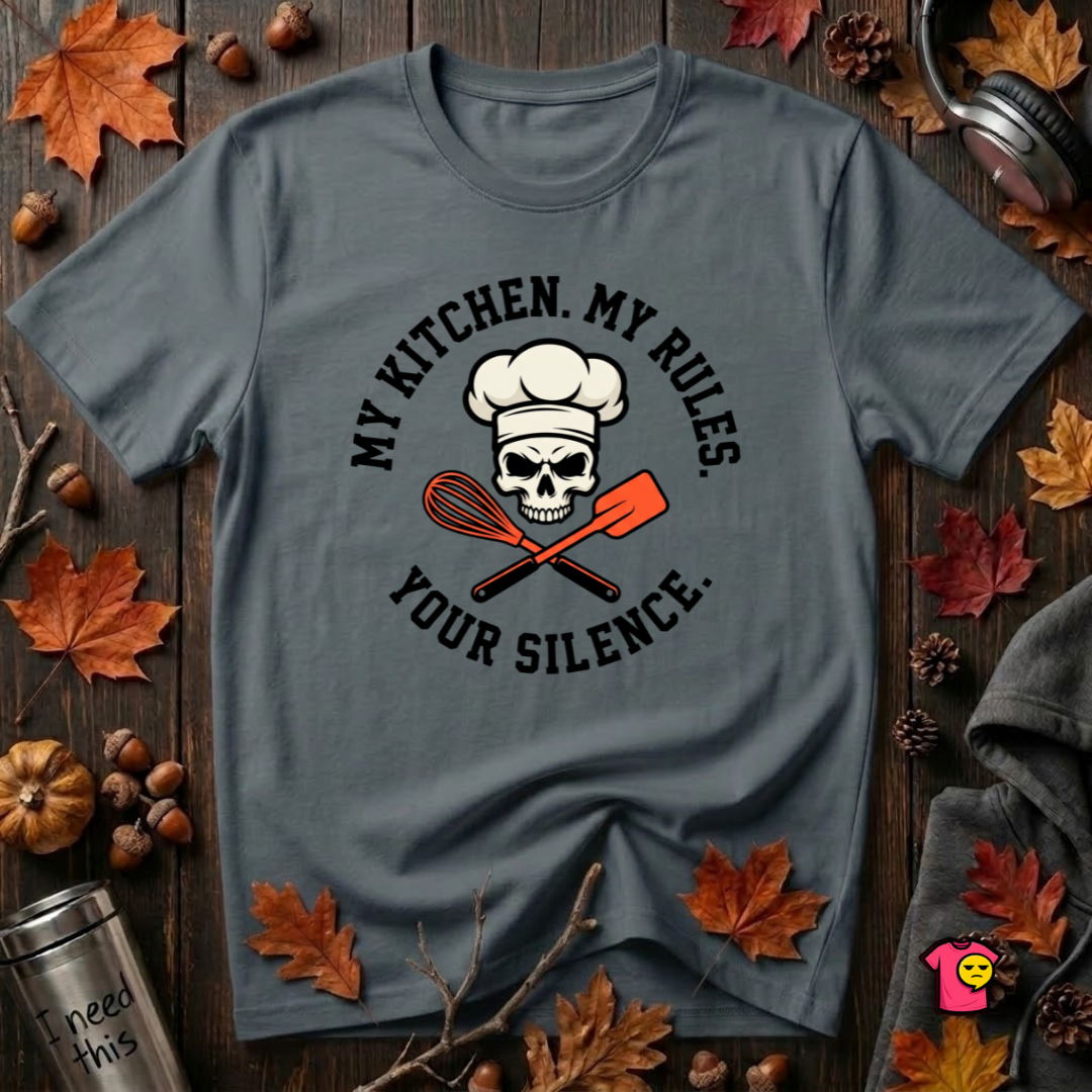 My Kitchen. My Rules. Your Silence. sarcastic graphic t-shirt in Dark Gray by Snarky Sarks