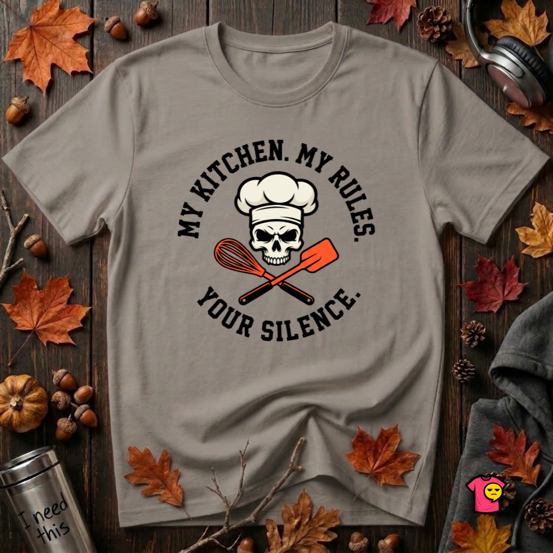 My Kitchen. My Rules. Your Silence. sarcastic graphic t-shirt in Deep Heather by Snarky Sarks