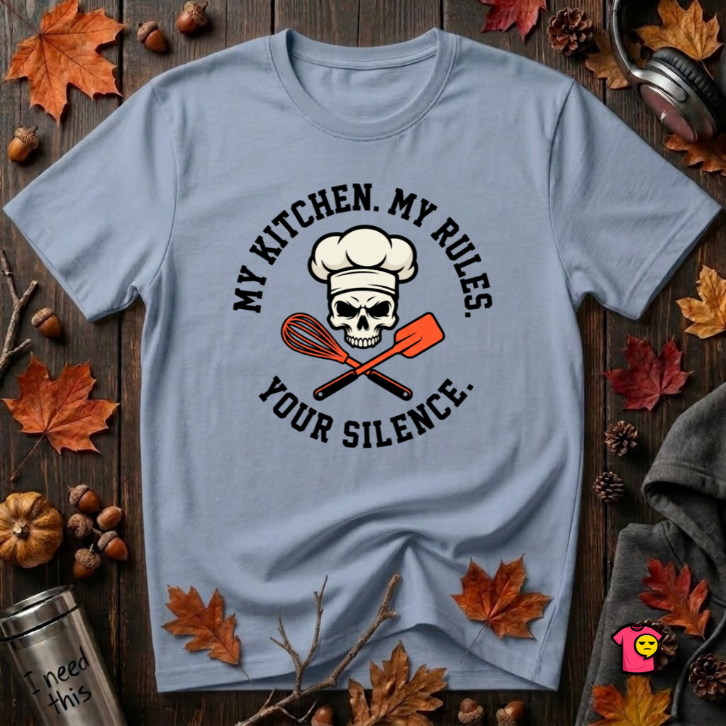 My Kitchen. My Rules. Your Silence. sarcastic graphic t-shirt in Heather Prism Blue by Snarky Sarks