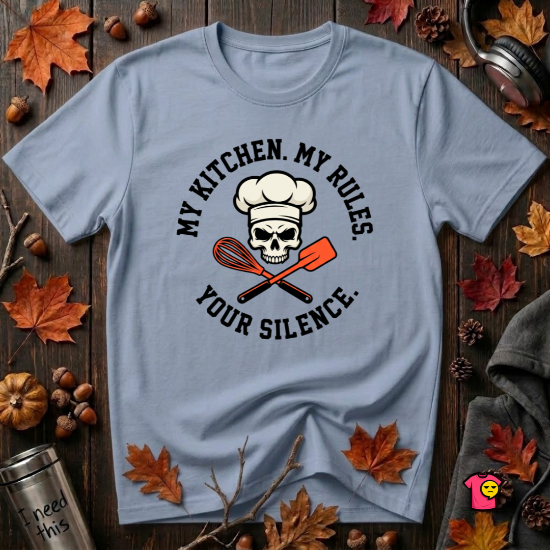 My Kitchen. My Rules. Your Silence. sarcastic graphic t-shirt in Heather Prism Blue by Snarky Sarks