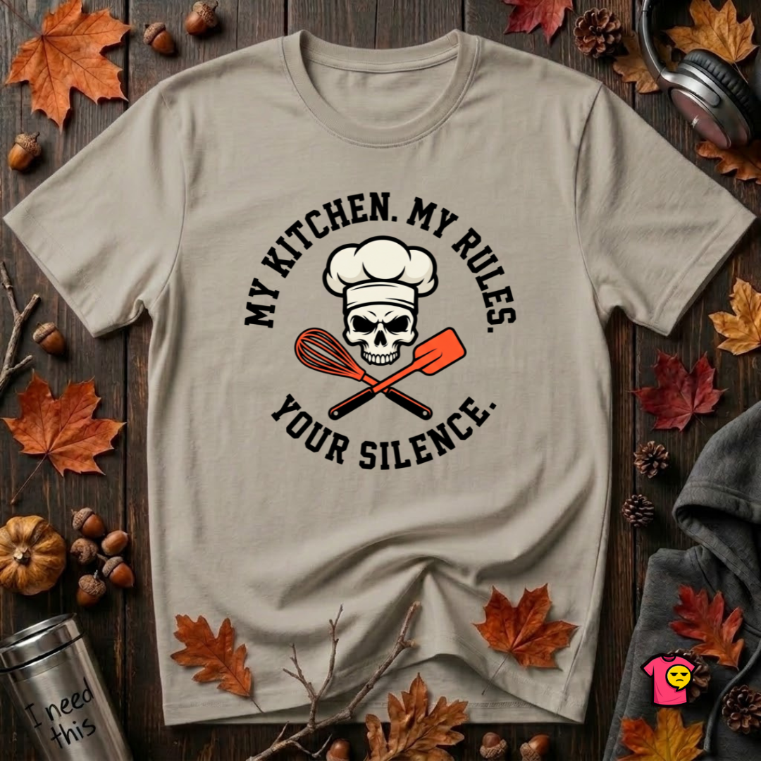 My Kitchen. My Rules. Your Silence. sarcastic graphic t-shirt in Heather Stone by Snarky Sarks