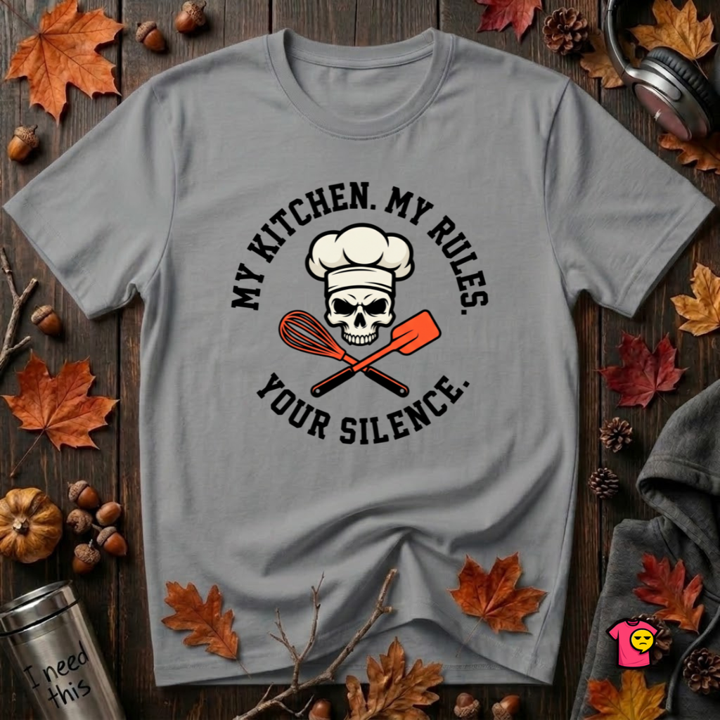My Kitchen. My Rules. Your Silence. sarcastic graphic t-shirt in Heather Storm by Snarky Sarks