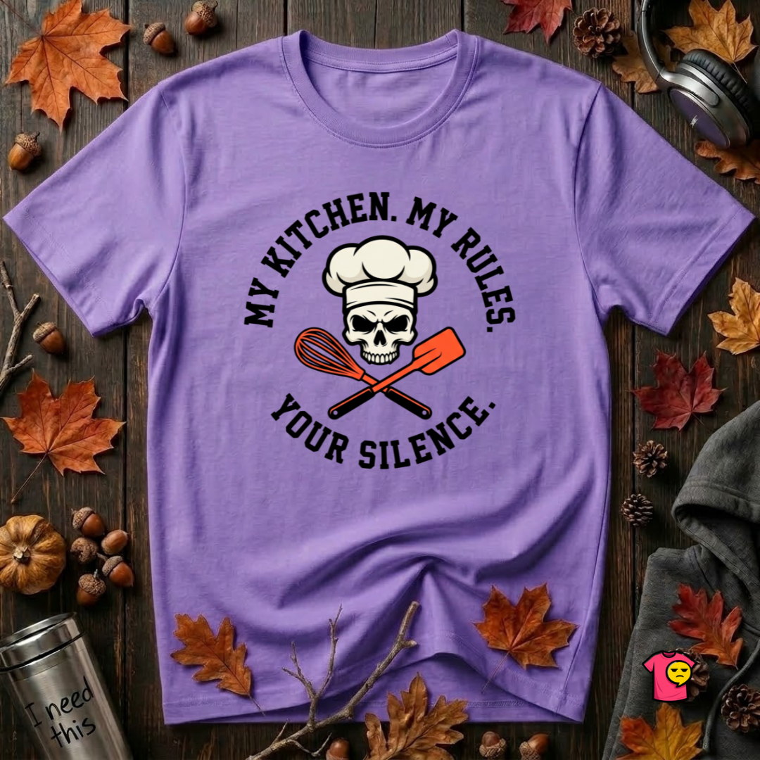 My Kitchen. My Rules. Your Silence. sarcastic graphic t-shirt in Heather Team Purple by Snarky Sarks