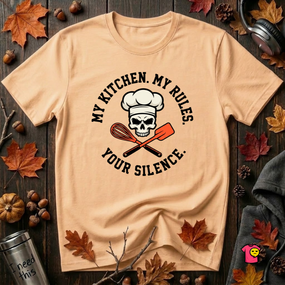 My Kitchen. My Rules. Your Silence. sarcastic graphic t-shirt in Peach by Snarky Sarks