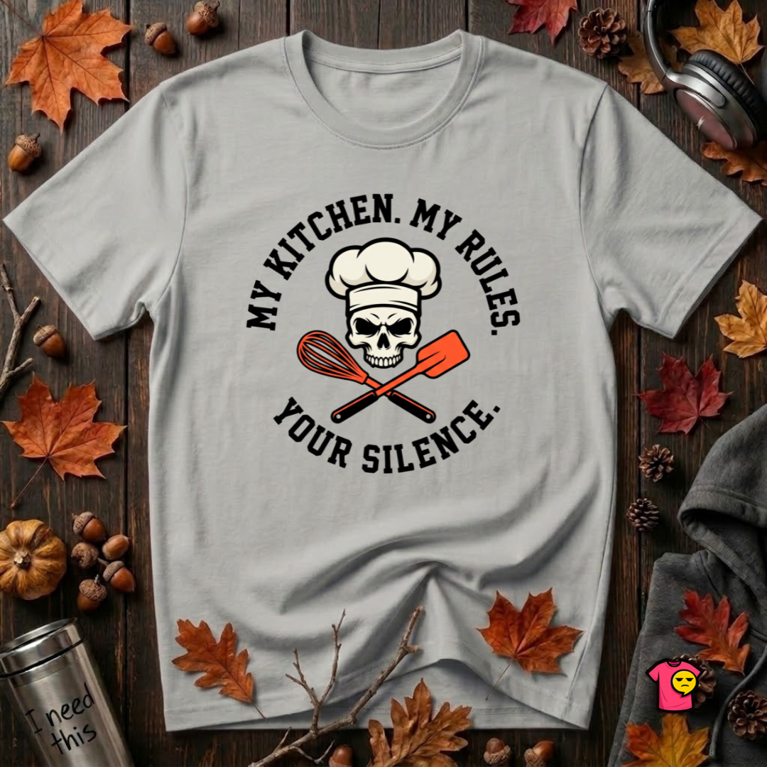 My Kitchen. My Rules. Your Silence. sarcastic graphic t-shirt in Silver by Snarky Sarks