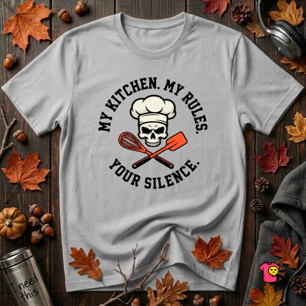 My Kitchen. My Rules. Your Silence. sarcastic graphic t-shirt in Solid Athletic Gray by Snarky Sarks