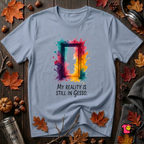 My Reality is Still in Gesso sarcastic art graphic t-shirt in Heather Prism Blue by Snarky Sarks