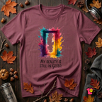 My Reality is Still in Gesso sarcastic art graphic t-shirt in Maroon by Snarky Sarks