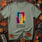 My Reality is Still in Gesso sarcastic art graphic t-shirt in Military Green by Snarky Sarks