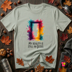 My Reality is Still in Gesso sarcastic art graphic t-shirt in Sage by Snarky Sarks