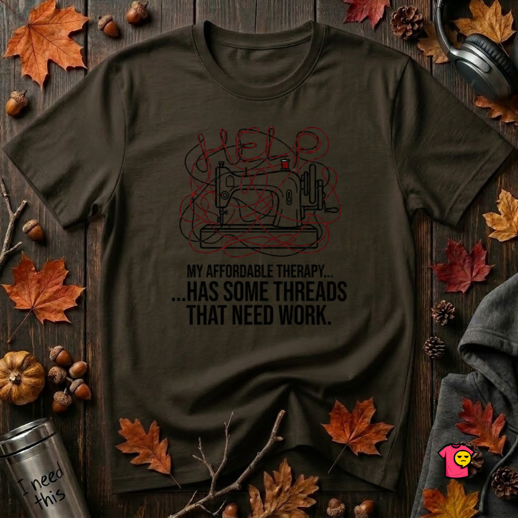 My Therapy Has Some Threads that Need Work sarcastic sewing t-shirt in Black by Snarky Sarks