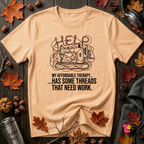 My Therapy Has Some Threads that Need Work sarcastic sewing t-shirt in Peach by Snarky Sarks