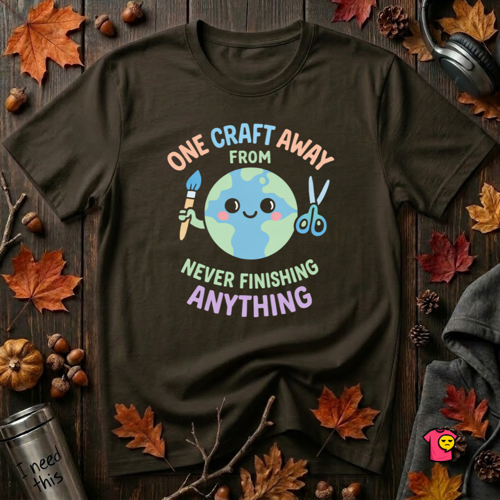 One Craft Away from Never Finishing Anything sarcastic crafting t-shirt in Black by Snarky Sarks