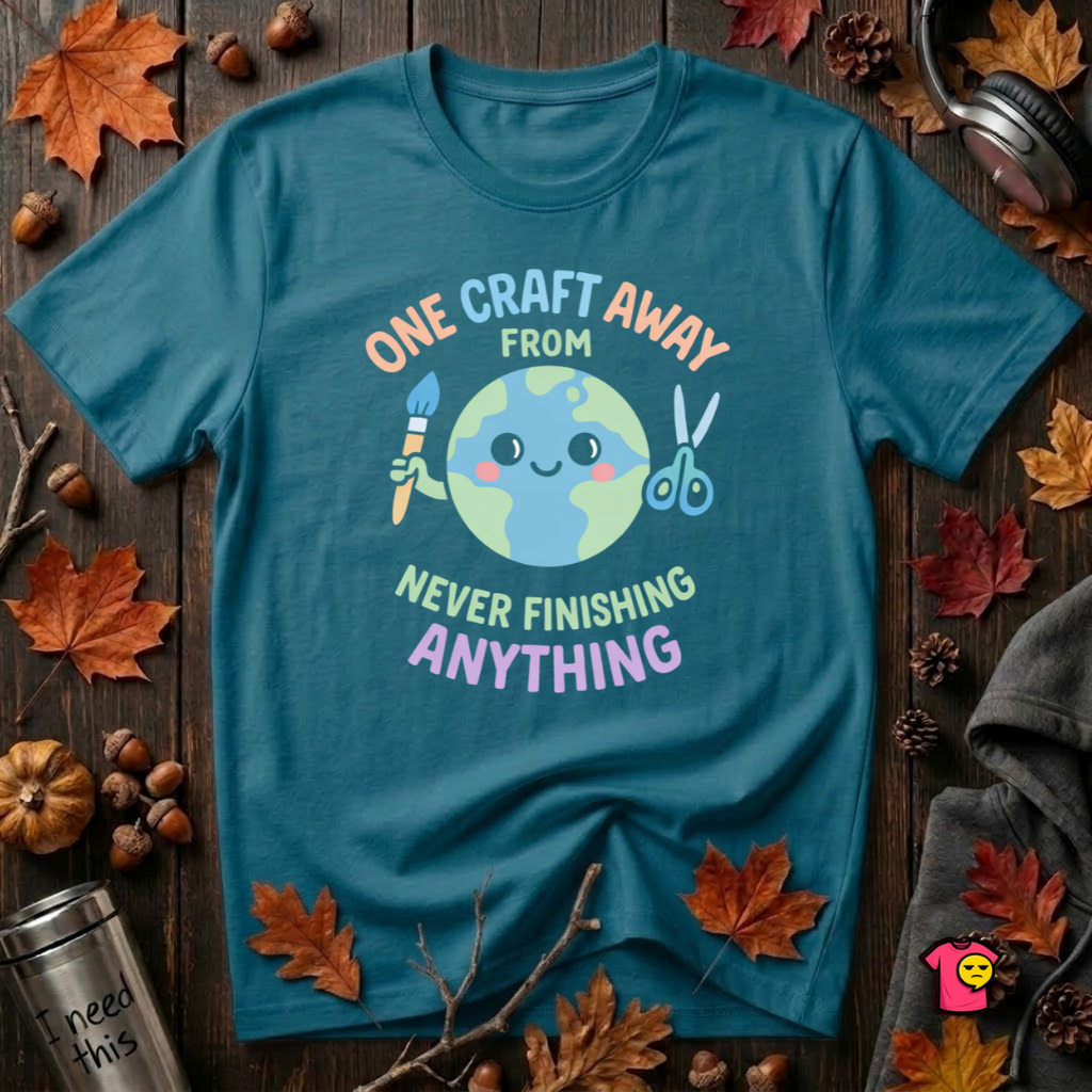 One Craft Away from Never Finishing Anything sarcastic crafting t-shirt in Deep Teal by Snarky Sarks