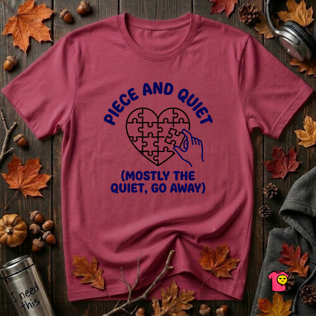 Piece and Quiet sarcastic puzzle graphic t-shirt in Cardinal by Snarky Sarks