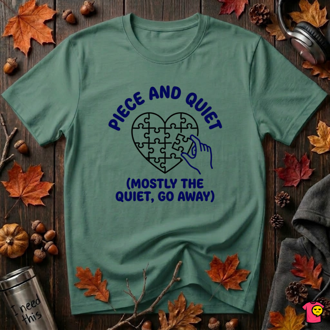 Piece and Quiet sarcastic puzzle graphic t-shirt in Grass Green by Snarky Sarks
