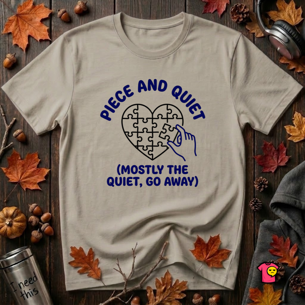 Piece and Quiet sarcastic puzzle graphic t-shirt in Heather Stone by Snarky Sarks