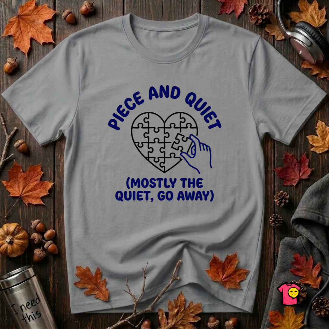 Piece and Quiet sarcastic puzzle graphic t-shirt in Heather Storm by Snarky Sarks