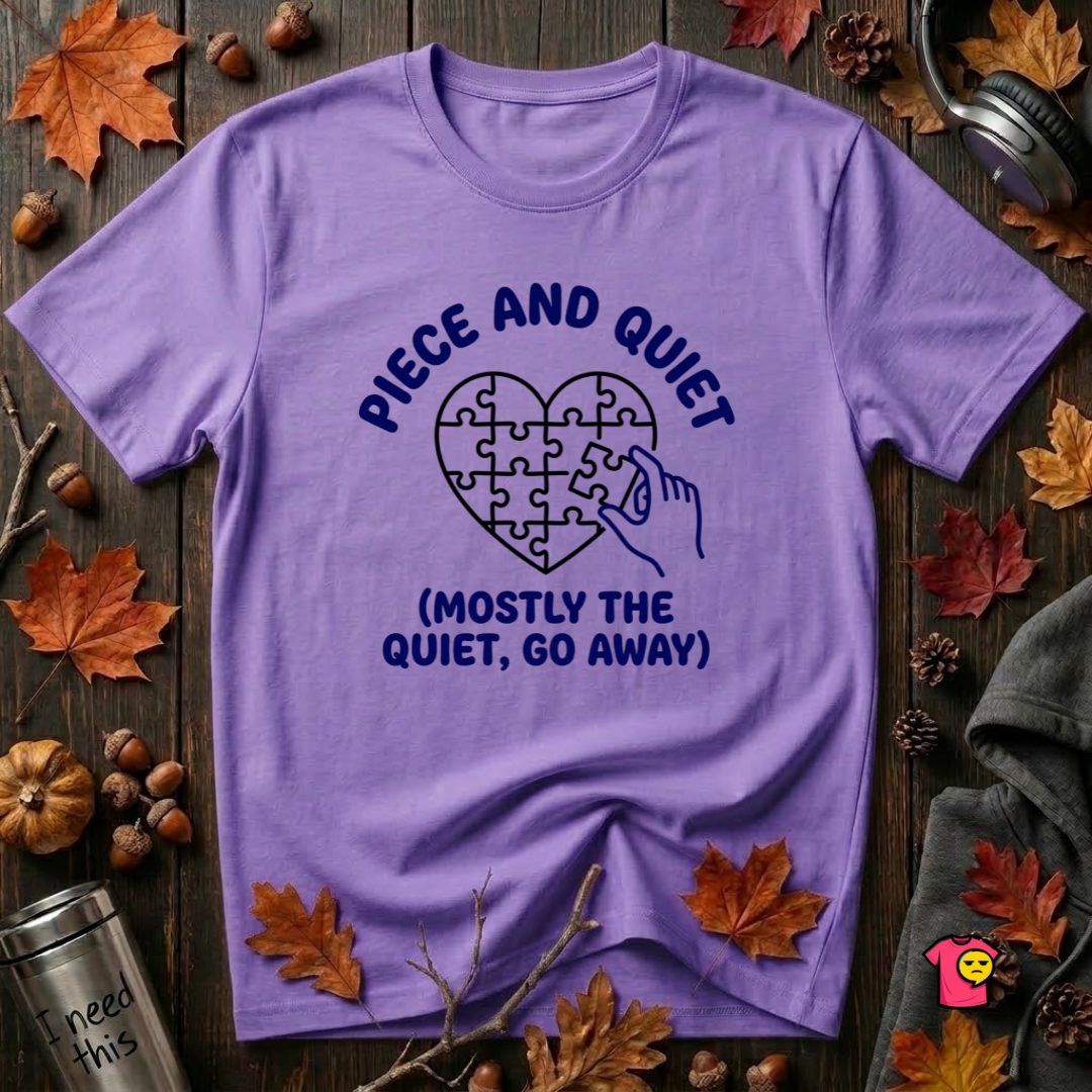 Piece and Quiet sarcastic puzzle graphic t-shirt in Heather Team Purple by Snarky Sarks