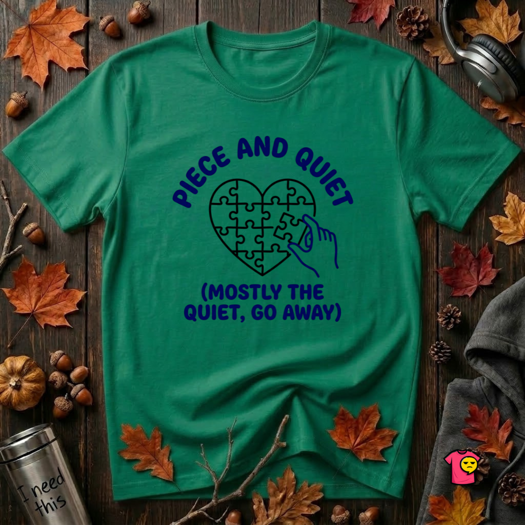 Piece and Quiet sarcastic puzzle graphic t-shirt in Kelly by Snarky Sarks