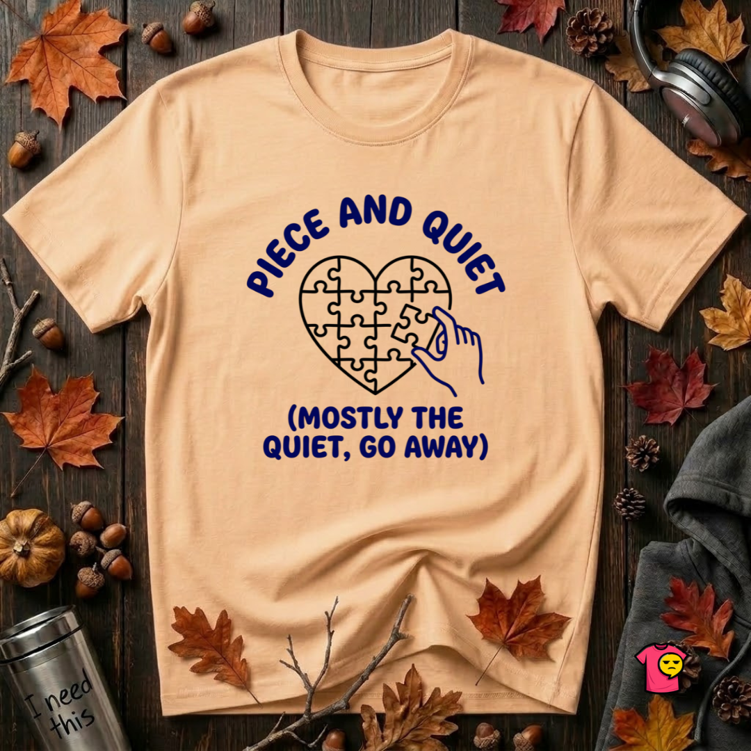 Piece and Quiet sarcastic puzzle graphic t-shirt in Peach by Snarky Sarks