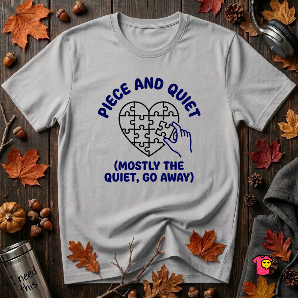 Piece and Quiet sarcastic puzzle graphic t-shirt in Solid Athletic Gray by Snarky Sarks