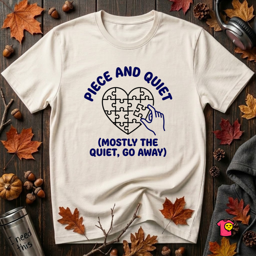 Piece and Quiet sarcastic puzzle graphic t-shirt in White by Snarky Sarks