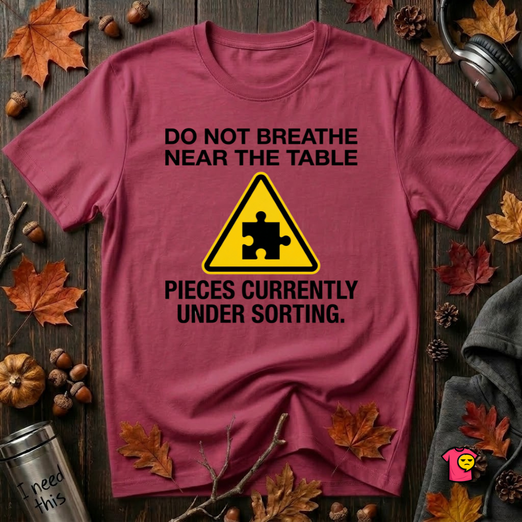 Pieces Currently Under Sorting sarcastic puzzle graphic t-shirt in Cardinal by Snarky Sarks