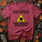 Pieces Currently Under Sorting sarcastic puzzle graphic t-shirt in Cardinal by Snarky Sarks