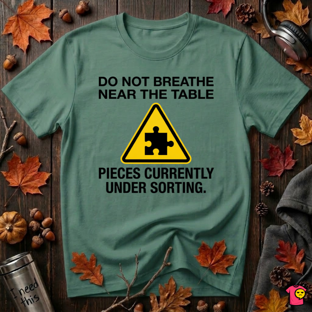 Pieces Currently Under Sorting sarcastic puzzle graphic t-shirt in Grass Green by Snarky Sarks
