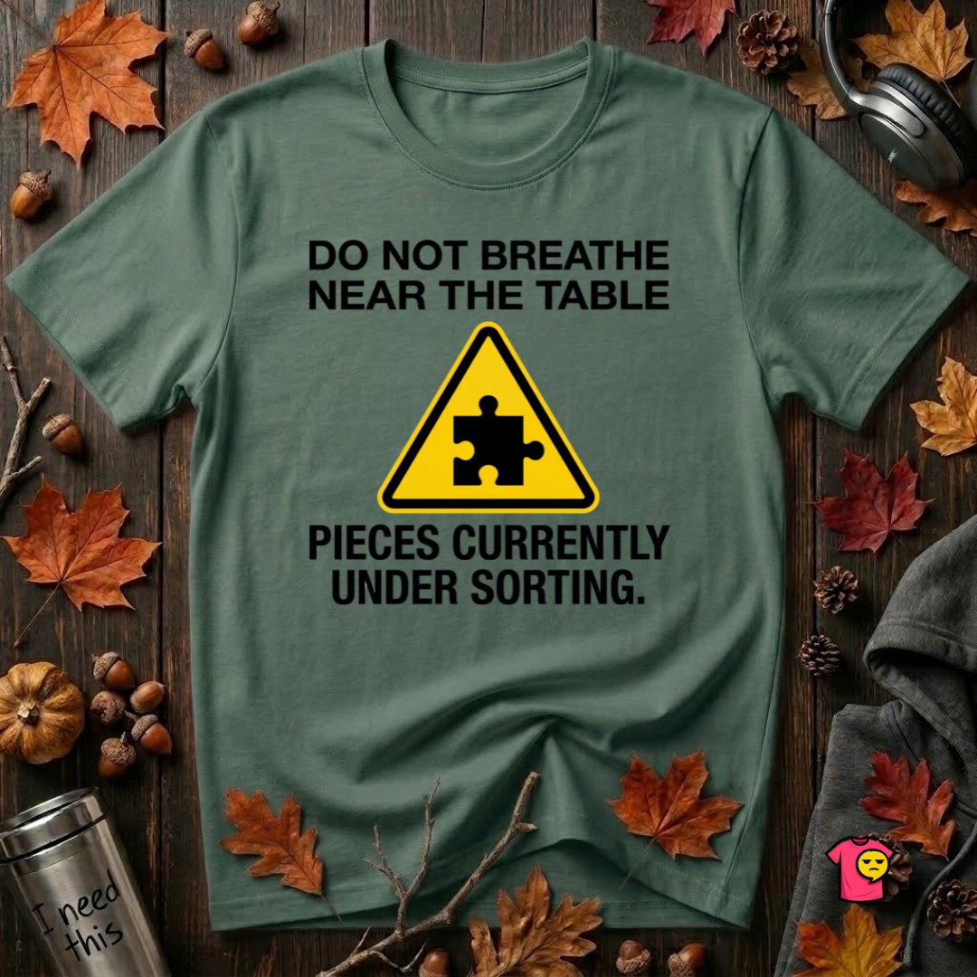Pieces Currently Under Sorting sarcastic puzzle graphic t-shirt in Heather Forest by Snarky Sarks