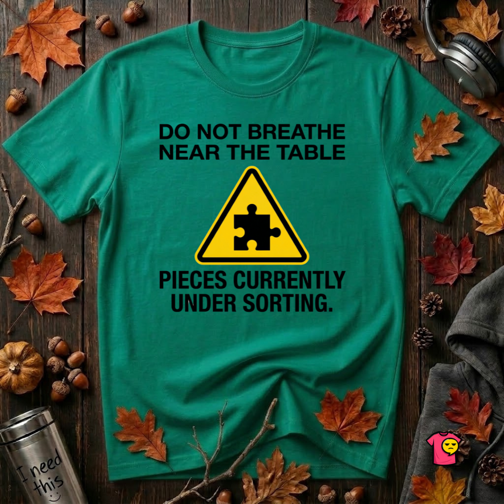 Pieces Currently Under Sorting sarcastic puzzle graphic t-shirt in Heather Kelly by Snarky Sarks