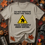Pieces Currently Under Sorting sarcastic puzzle graphic t-shirt in Heather Stone by Snarky Sarks